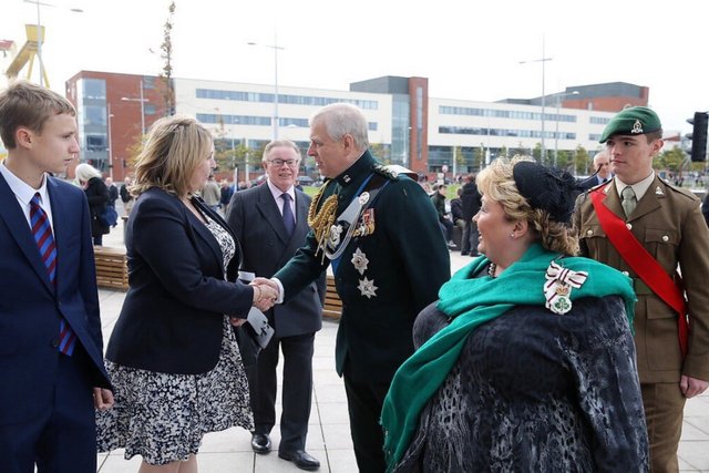 SofS Karen Bradley “Honoured to attend the presentation of new Royal Irish Regiment colours at Titanic Slipways this morning in the presence of HRH The Duke of York.